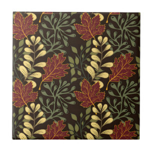Autumn Oak Leaves Pattern in Maroon and Yellow Tile