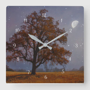 Autumn Oak Tree and Moon Fantasy Surreal Square Wall Clock