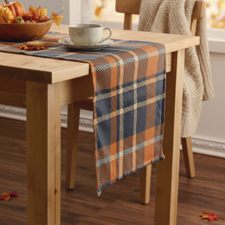 Autumn Orange and Blue Checked Plaid Long Table Runner