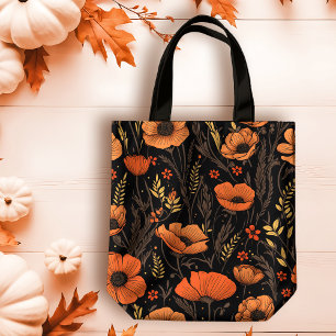 Autumn Orange Blooms on Black Tote Bag