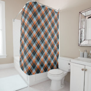 Autumn Orange Blue Plaid Pattern Shower Curtain