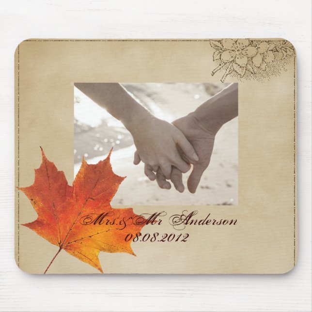 Autumn Orange Fall in Love Leaves Wedding Mouse Pad (Front)