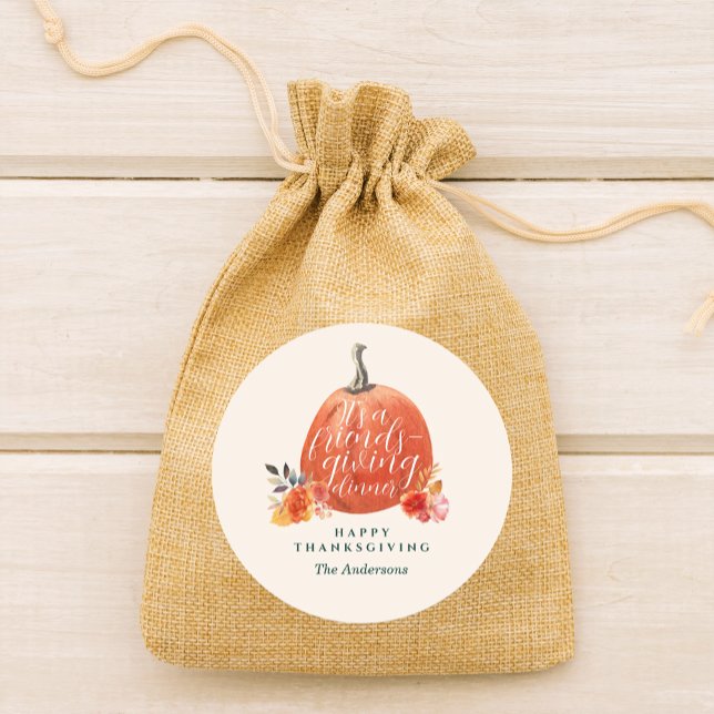 Autumn Orange Floral Pumpkin Friendsgiving Dinner Classic Round Sticker (Creator Uploaded)