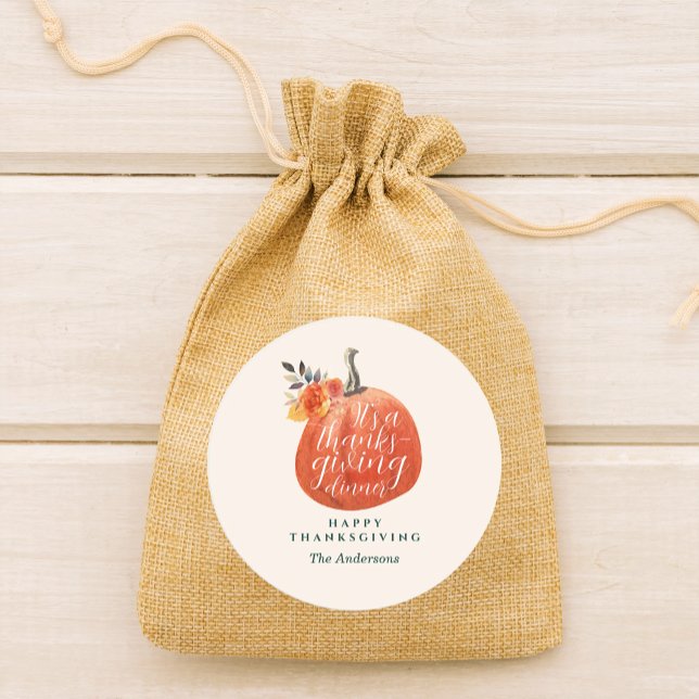 Autumn Orange Floral Pumpkin Thanksgiving Dinner Classic Round Sticker (Creator Uploaded)