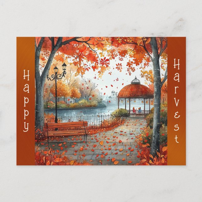 Autumn Orange Gazebo Park Illustration Holiday Postcard (Front)