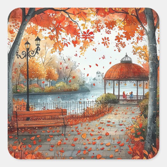 Autumn Orange Gazebo Park Illustration Square Sticker (Front)
