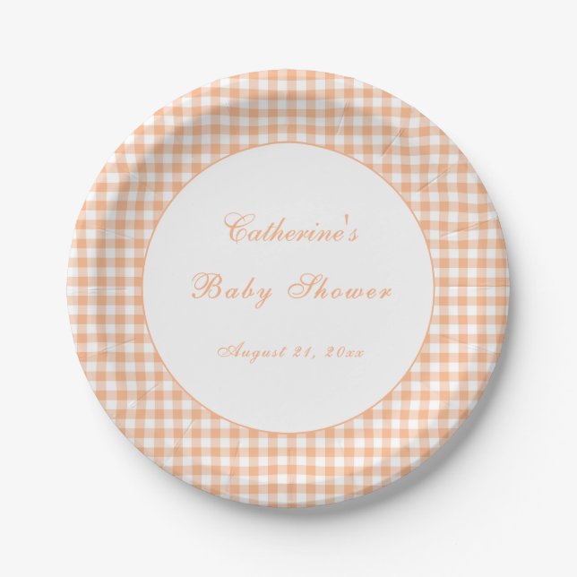 Autumn Orange Gingham Classic Baby Shower Plate (Front)