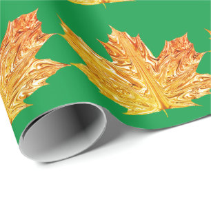 Autumn Orange gold maple leaf fall green pattern  Wrapping Paper