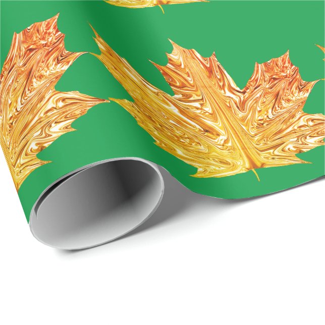 Autumn Orange gold maple leaf fall green pattern  Wrapping Paper (Roll Corner)
