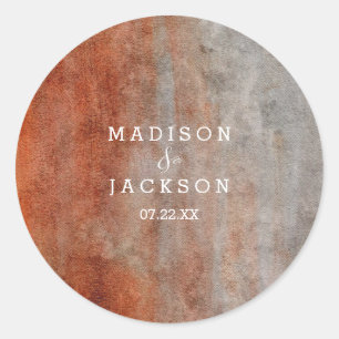Autumn Orange Grey Watercolor Monogram Wedding Classic Round Sticker