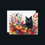 Autumn Orange Leaves and Black Cat Postcard<br><div class="desc">This cat postcard features a pretty black cat with coppery-coloured eyes. It also features leaves and pumpkins in fall shades of orange. The colours look striking against the black cat. The contrasting colours make the design stand out. If you like cats, you will love this card! (AI artwork created by...</div>