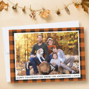Autumn Orange Plaid Happy Thanksgiving Photo Holiday Card