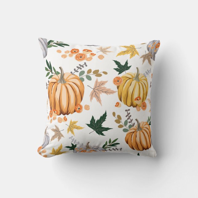 Autumn orange pumpkin and flowers pattern cushion (Front)
