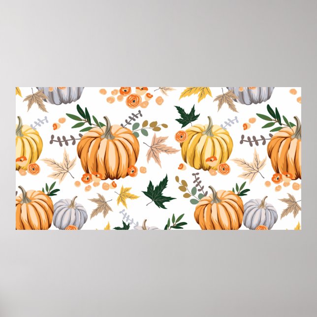 Autumn orange pumpkin and flowers pattern poster (Front)