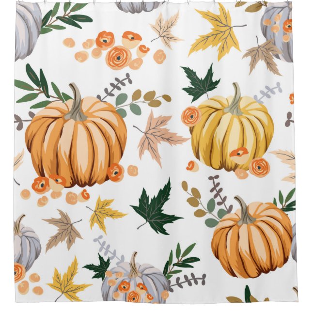 Autumn orange pumpkin and flowers pattern shower curtain (Front)