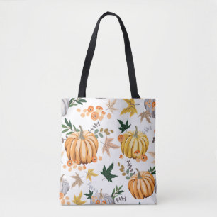 Autumn orange pumpkin and flowers pattern tote bag