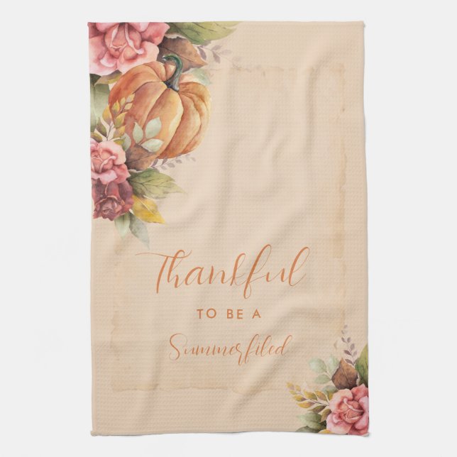 Autumn Orange Pumpkin Fall Leaves Watercolor Tea Towel (Vertical)