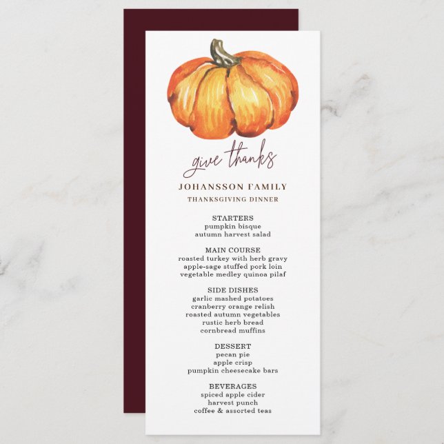 AUTUMN ORANGE PUMPKIN THANKSGIVING DINNER MENU (Front/Back)