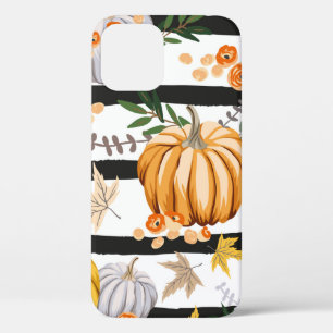Autumn orange pumpkins, flowers, leaves, striped b iPhone 12 case