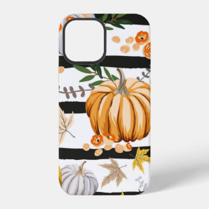 Autumn orange pumpkins, flowers, leaves, striped b iPhone 12 case