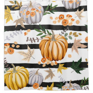 Autumn orange pumpkins, flowers, leaves, striped b shower curtain