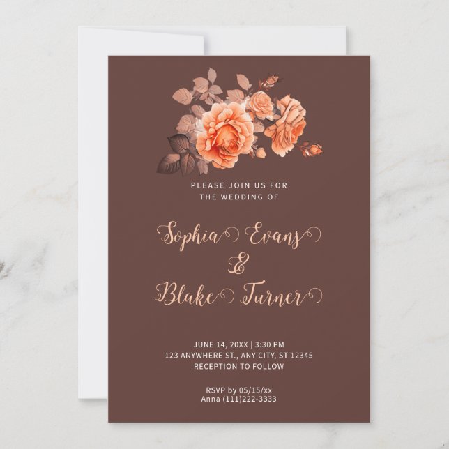 Autumn Orange Roses Bouquet Brown Wedding Invitation (Front)