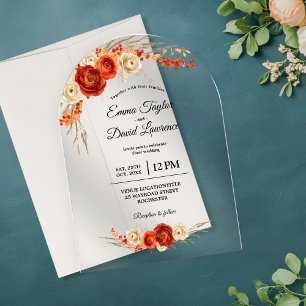 Autumn orange terracotta floral wedding arch acrylic invitations