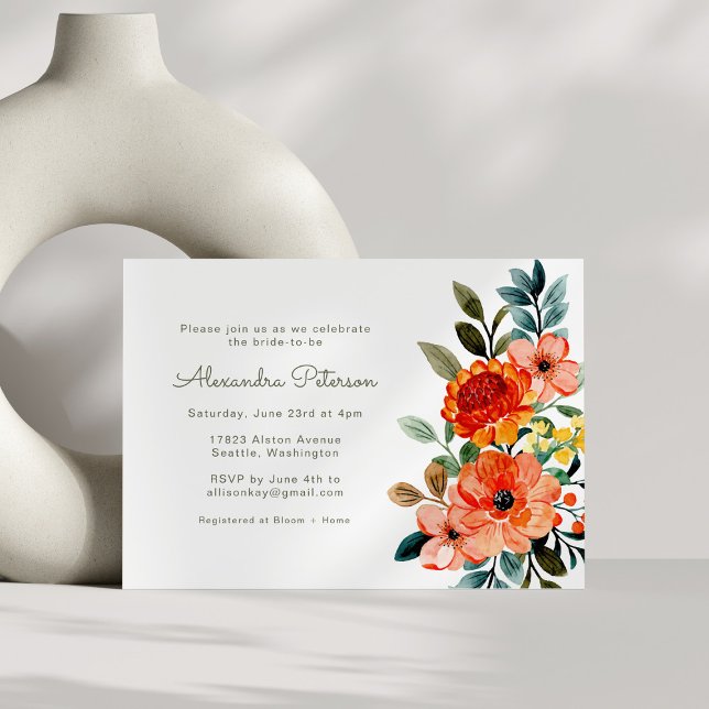 Autumn Orange Watercolor Floral Bridal Shower Invitation (Creator Uploaded)