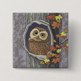 Autumn Owl and Fall Colours Button