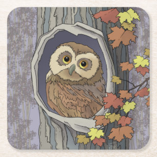 Autumn Owl and Fall Colours Square Paper Coaste Square Paper Coaster
