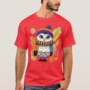 autumn owl in a knitted beanie hat pixel art T-Shirt