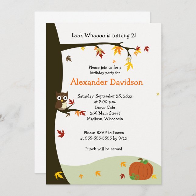 Autumn Owl in Tree Birthday Invitation 5x7 (Front/Back)