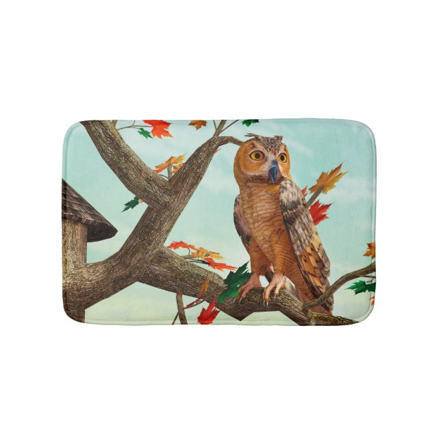 Autumn Owl Maple Tree Wildlife Art Bath Mat (Front)