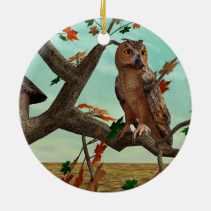 Autumn Owl Maple Tree Wildlife Art Ceramic Tree Decoration