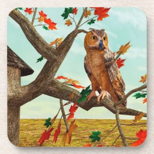 Autumn Owl Maple Tree Wildlife Art Coaster
