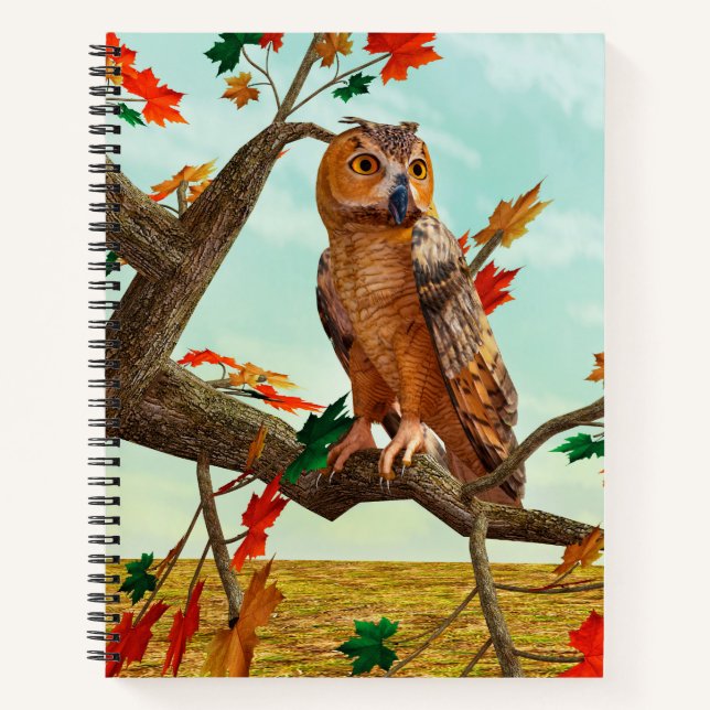 Autumn Owl Maple Tree Wildlife Art Notebook (Front)