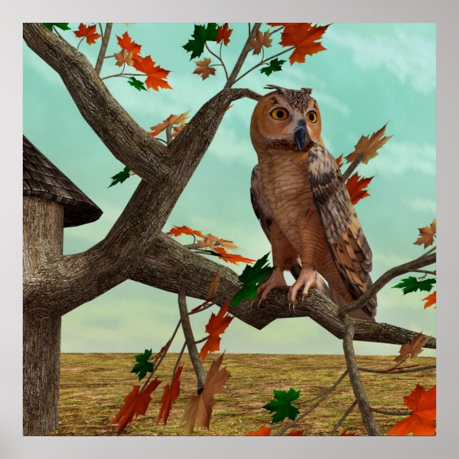 Autumn Owl Maple Tree Wildlife Art Poster (Front)
