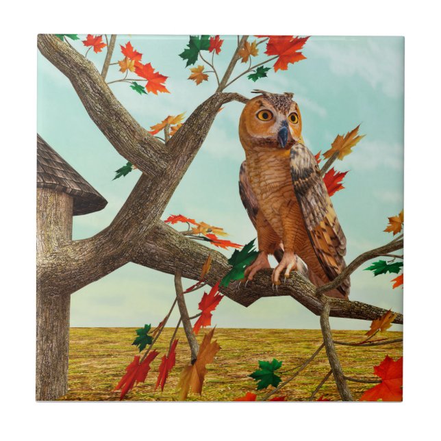 Autumn Owl Maple Tree Wildlife Art Tile (Front)