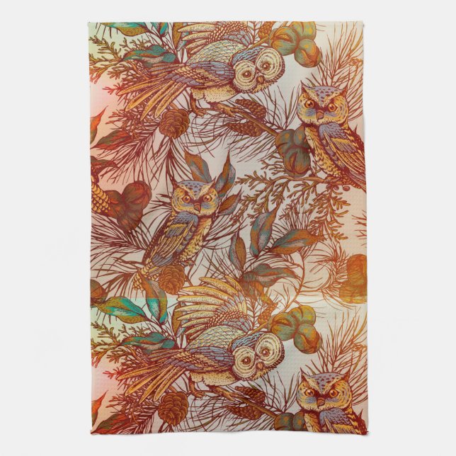 Autumn owl vintage fall tea towel (Vertical)