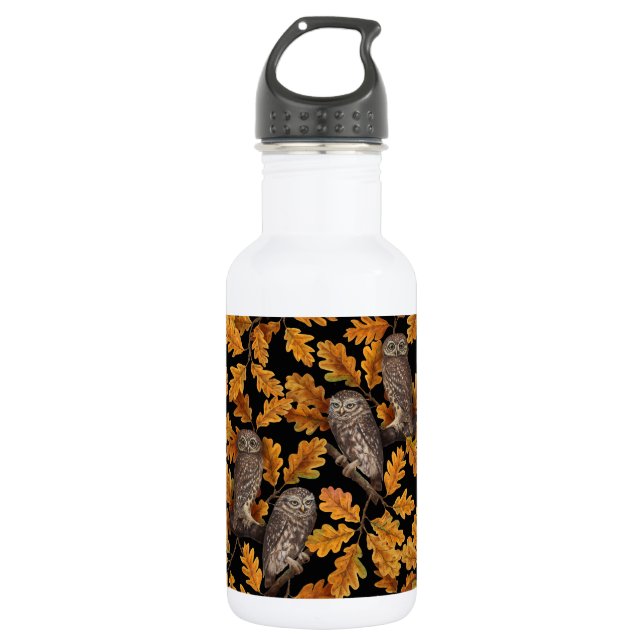 Autumn owls on black 532 ml water bottle (Front)