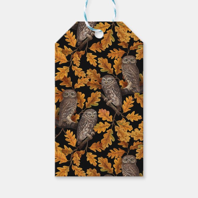 Autumn owls on black gift tags (Front)