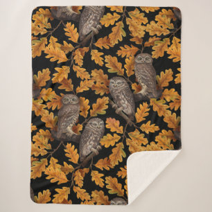 Autumn owls on black sherpa blanket