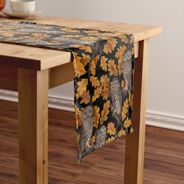 Autumn owls on black short table runner (In Situ)