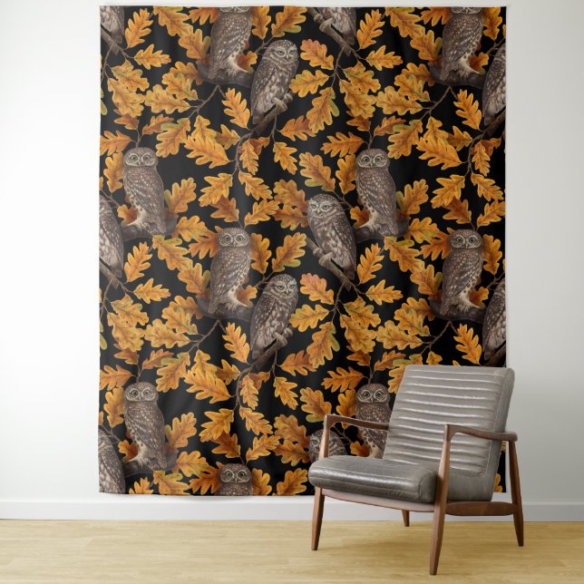 Autumn owls on black tapestry (In Situ)