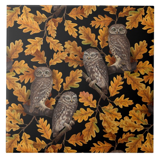 Autumn owls on black tile (Front)