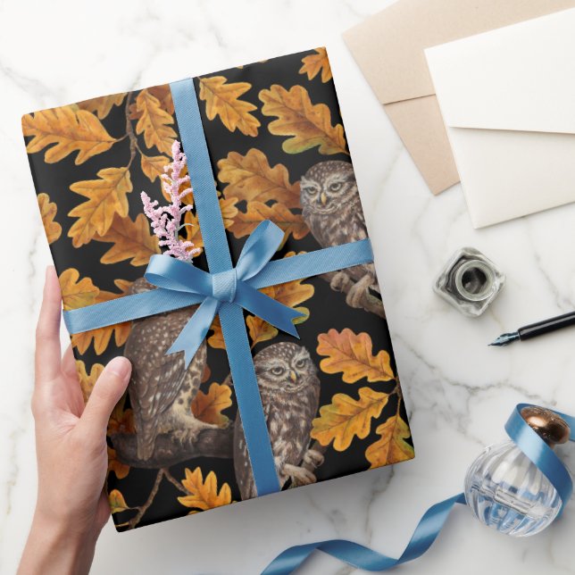 Autumn owls on black wrapping paper (Gifting)