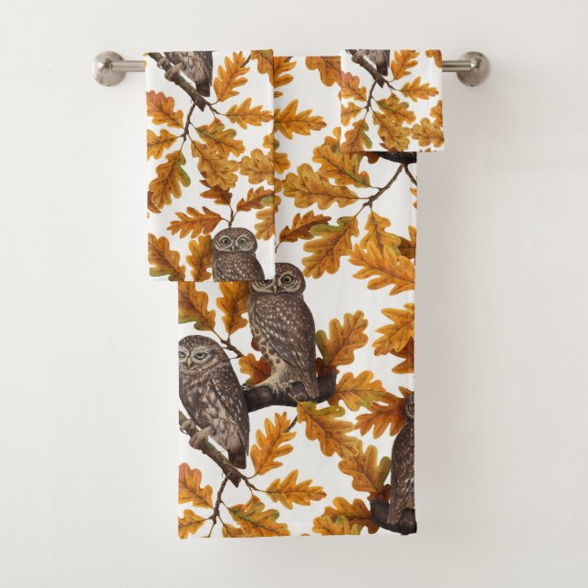 Autumn owls on cotton white bath towel set (Insitu)