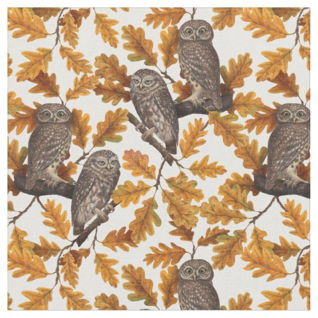 Autumn owls on cotton white fabric (Close Up)