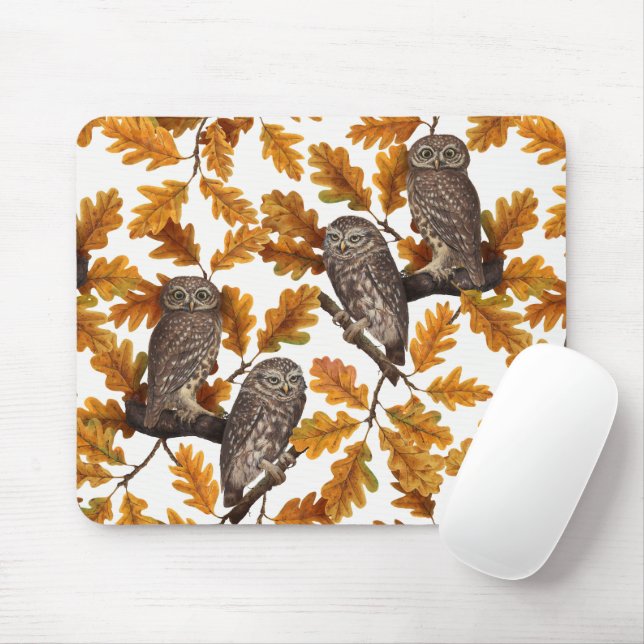 Autumn owls on cotton white mouse pad (With Mouse)