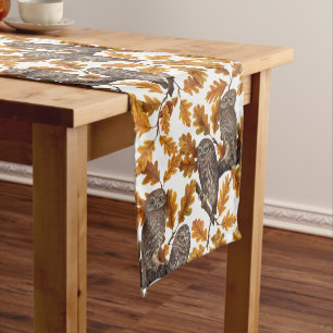 Autumn owls on cotton white short table runner